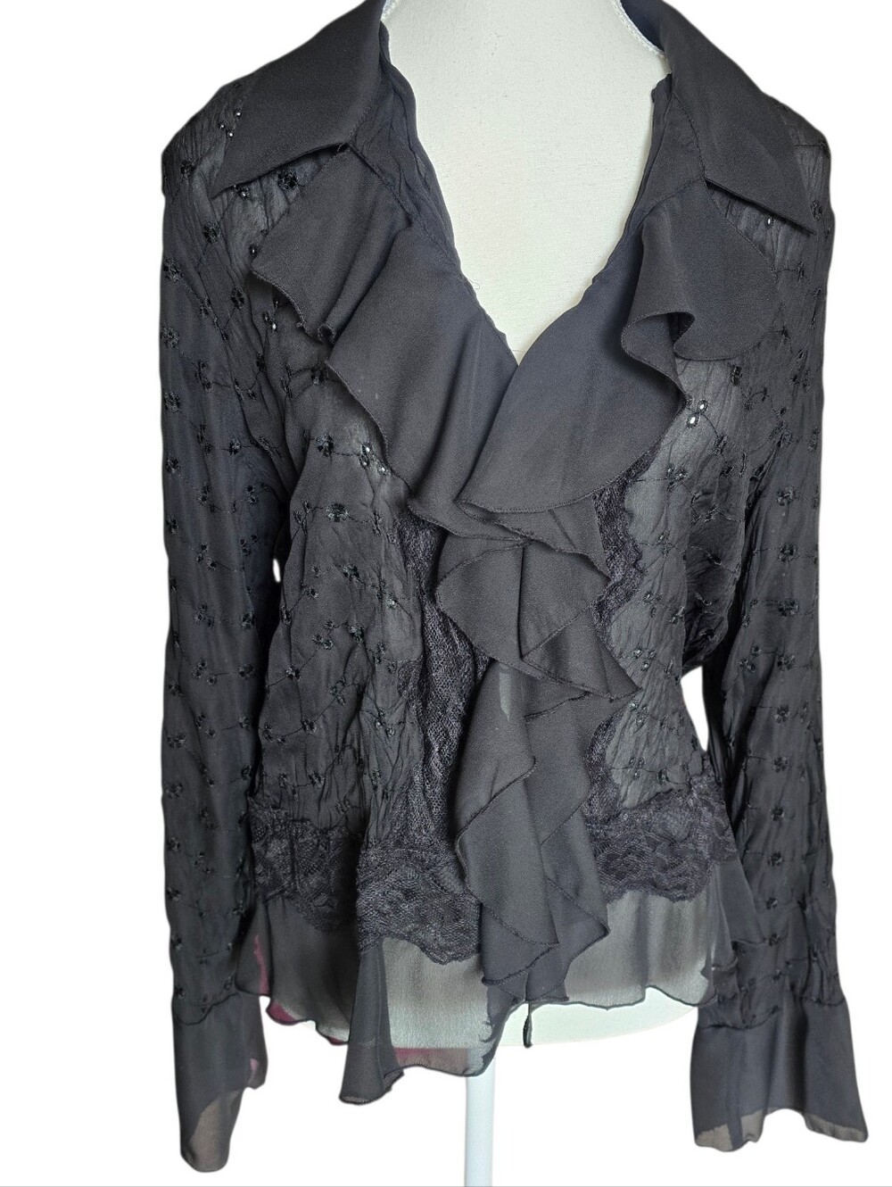 Vintage Y2k Black Goth Grunge Lace Ruffle Sheer Eyelit Bell Sleeve Blouse XL